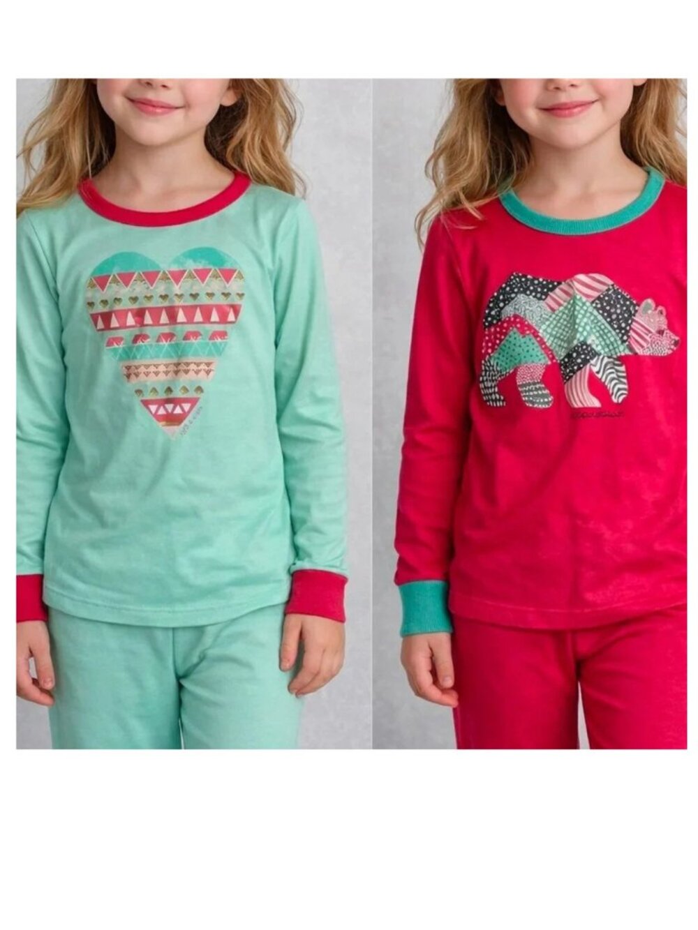 Set of 2 Youth Pajama Tops Eddie Bauer Long Sleeves Bear & Heart Print MEDIUM